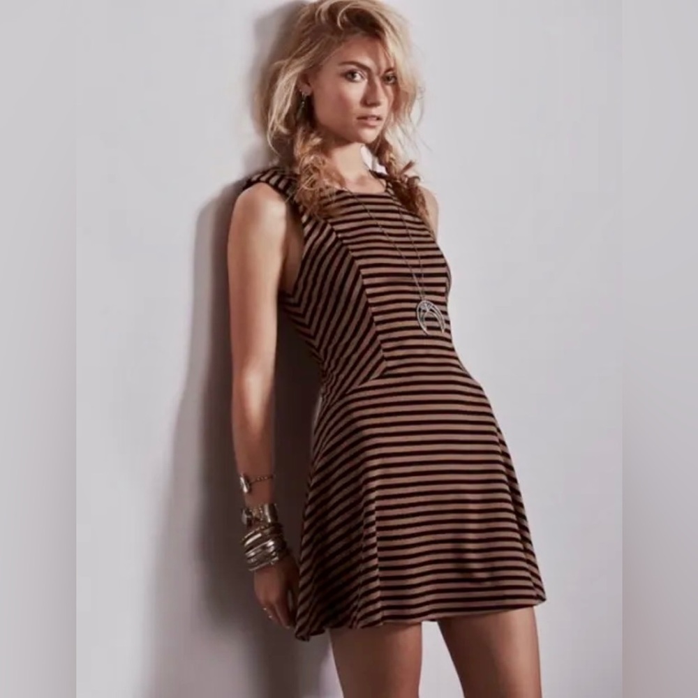 Free People Cha Cha Drop Waist Fit & Flare Dress Brown Black Stripes